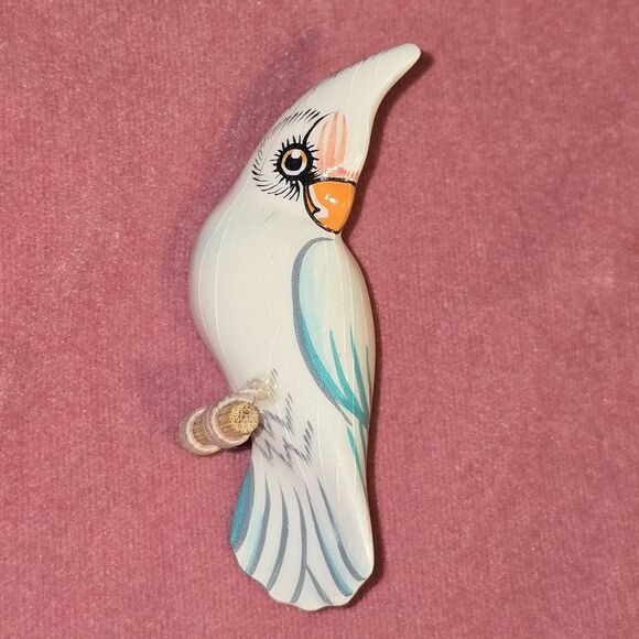 Jewelry - Vintage Wooden Takahashi Style Hand Painted Cockatoo Bird Pin Brooch 2.25" X .75
